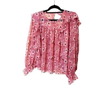 Lucky Brand Size Medium M Sheer Pink Floral Flower Blouse Top Summer